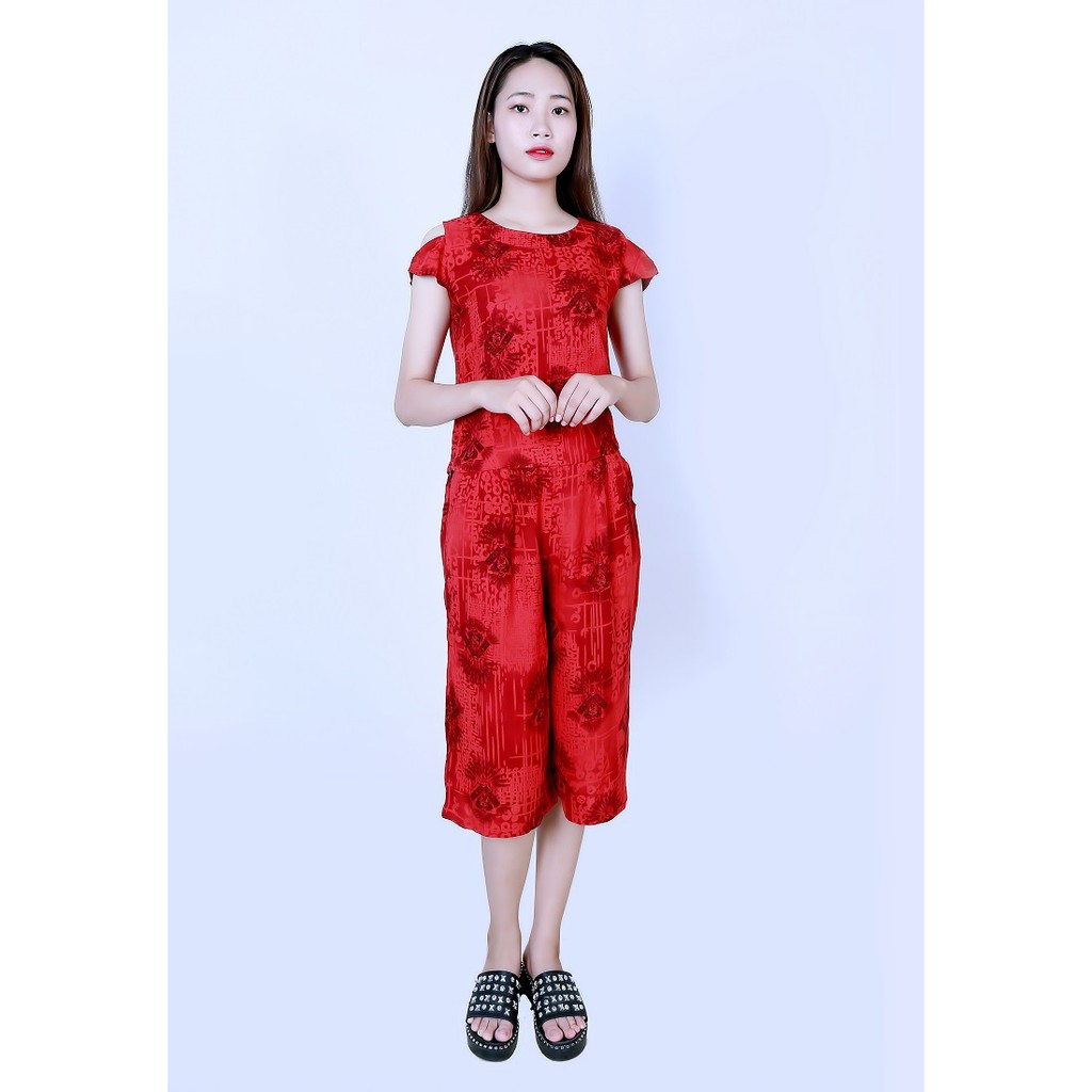 Bộ mặc nhà lanh (tole) Vicci BST.075 cao cấp, áo croptop phối quần sớ trẻ in họa tiết