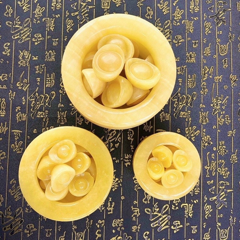 Bồn Tụ Bảo, Bát tụ bảo đá ngọc hoàng long màu vàng tự nhiên đường kính 10.2cm và 12cm