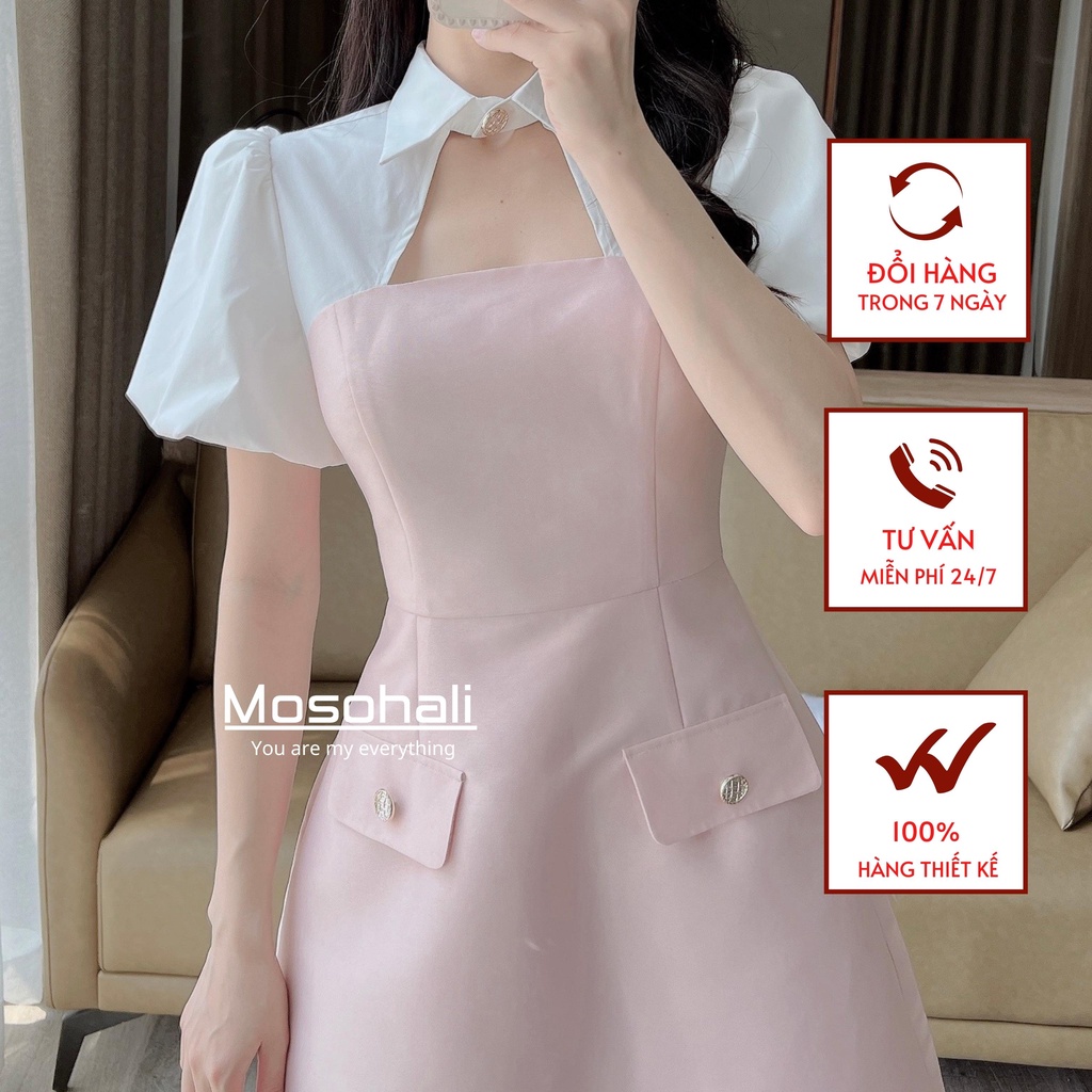 Váy cổ choker đính charm phối trắng, tiểu thư, nữ tính dự tiệc