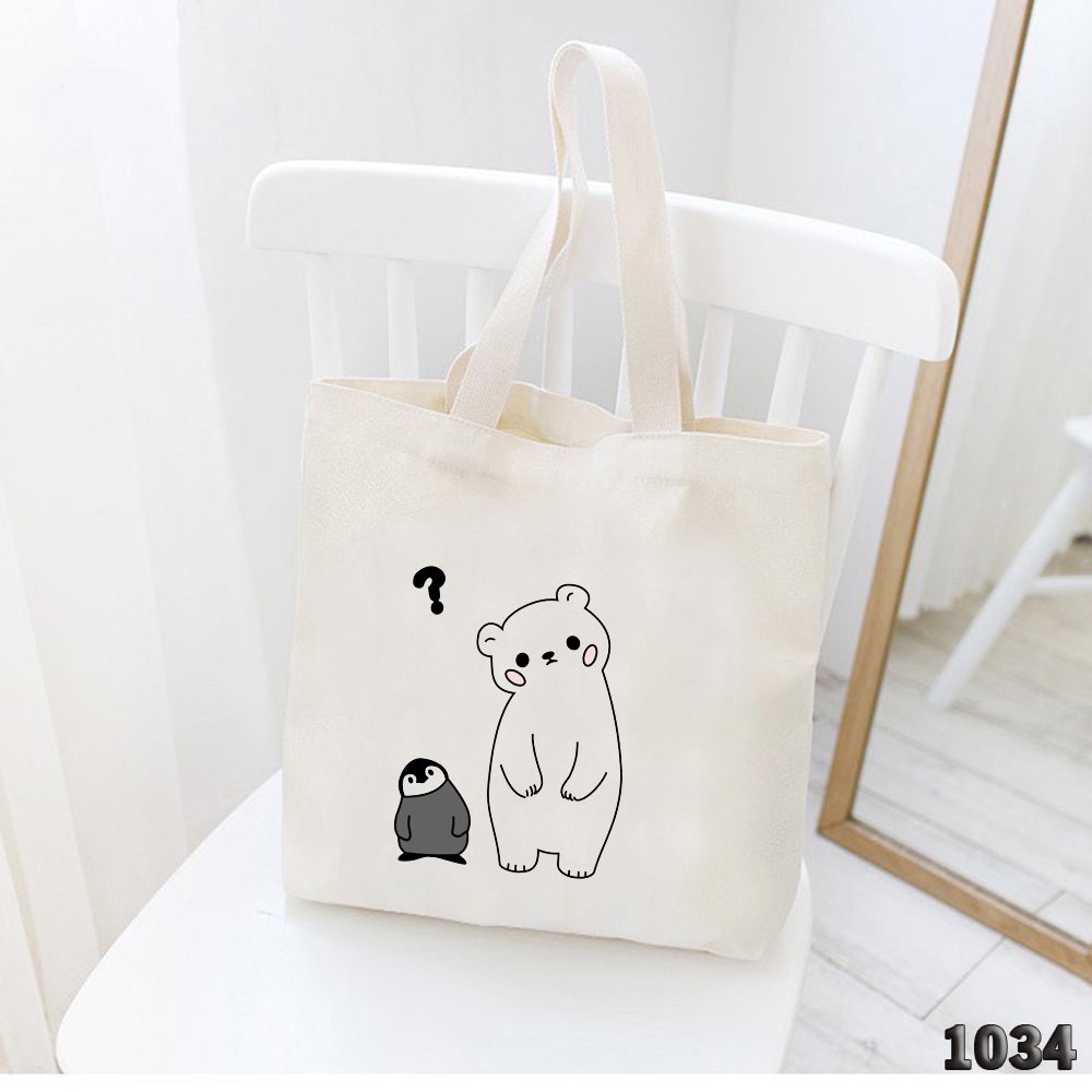 Túi Vải Tote Vải Canvas Trắng Mềm Mịn Phong Cách Hàn Quốc 507 1034 Gấu Và Chim Cánh Cụt Dễ Thương