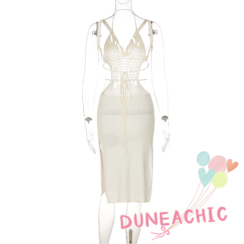 DUNEA Đầm Dệt Kim Xẻ Tà Hở Lưng Xuyên Thấu Gợi Cảm Cho Nữ