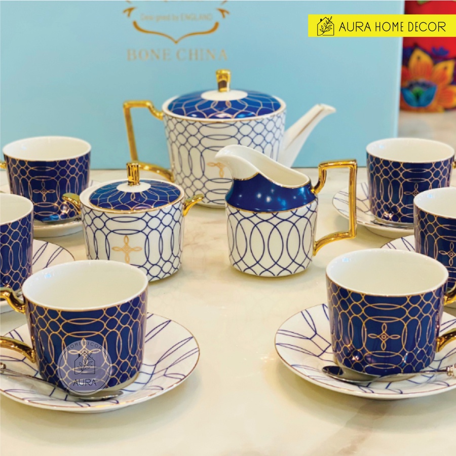 [ẢNH THẬT] Bộ ấm trà kim cương xanh 21 món Bone China dát v.àng 24K - Chất liệu cao cấp sang trọng bậc nhất