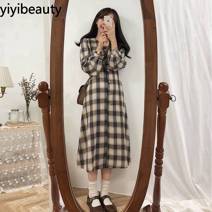 Đầm tay dài họa tiết sọc caro phong cách Hàn thời trang xinh xắn cho nữ | BigBuy360 - bigbuy360.vn