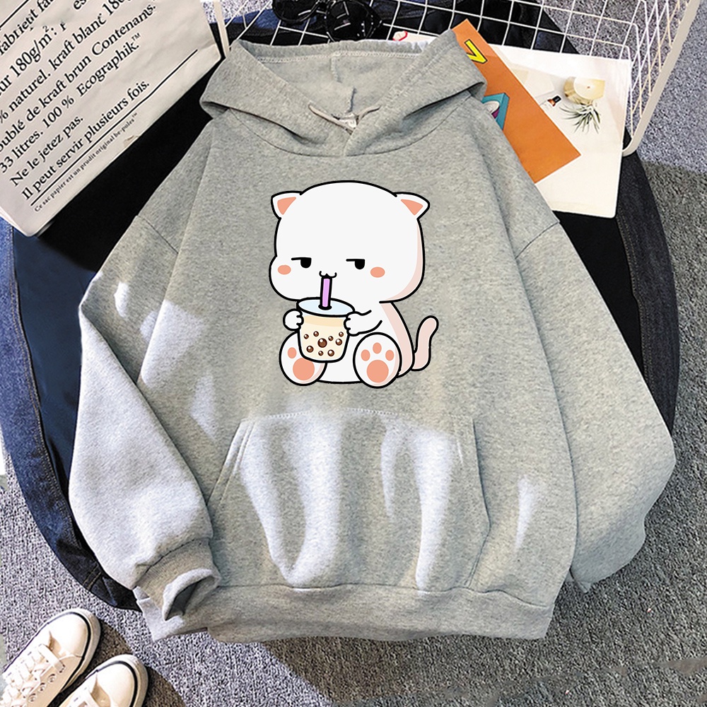 Áo Hoodie Cổ Tròn In Hình Mèo Dễ Thương Phong Cách Harajuku Cho Nữ