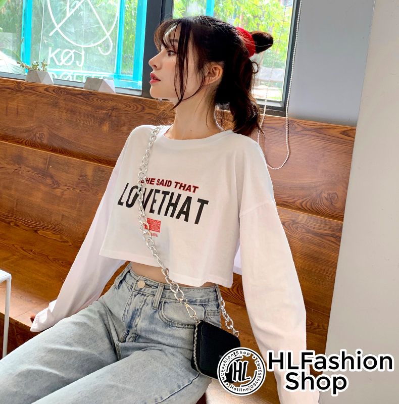 Áo thun croptop nữ tay dài Love That, áo thun nữ HLFashion