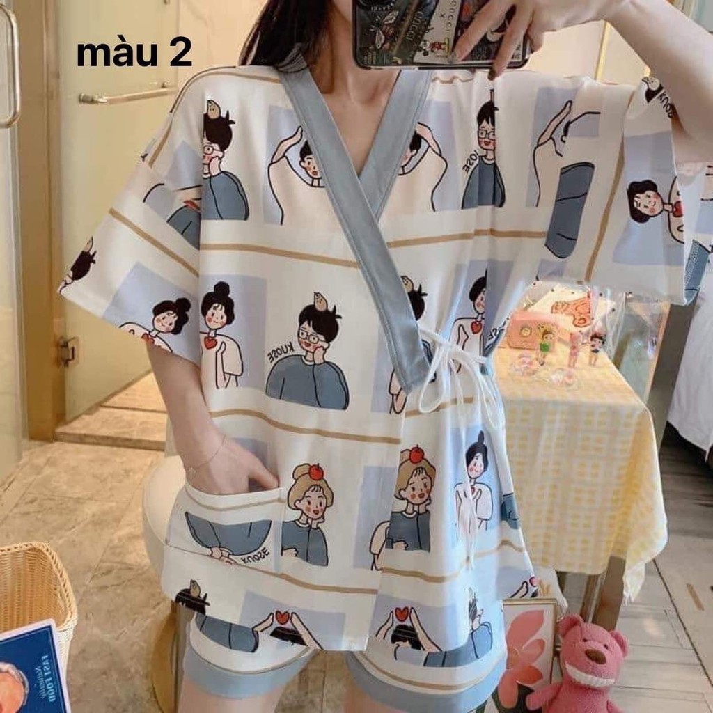 [FREESHIP đơn từ 2 sản phẩm]Bộ ngủ Kimono nhật Chất liệu: Cotton  Gồm 5 màu như hình