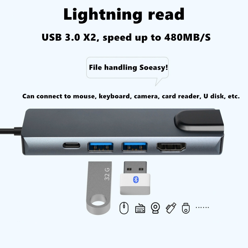 Bộ hub chia cổng USB 3.0 5 trong 1 Type-C tốc độ cao 4K HDMI/ Rj45 Gigabit/ PD cho MacBook Pro/Air