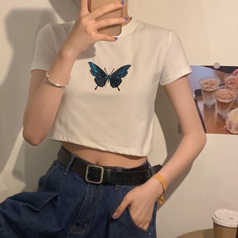 Áo Thun Tay Ngắn Thêu Hình Bướm Phong Cách Retro Hàn Quốc