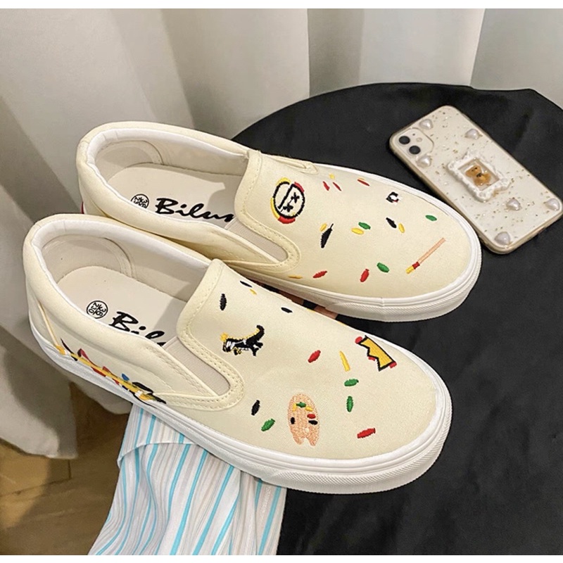 [Ord] Giày Vans Slip On Thêu Độc Đáo Ulzzang Hàn Quốc Màu Trắng Kem