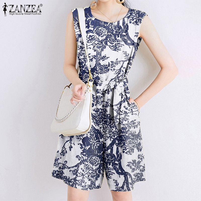 Áo liền quần ZANZEA sát nách dáng rộng có túi in họa tiết phong cách vintage thời trang dành cho nữ