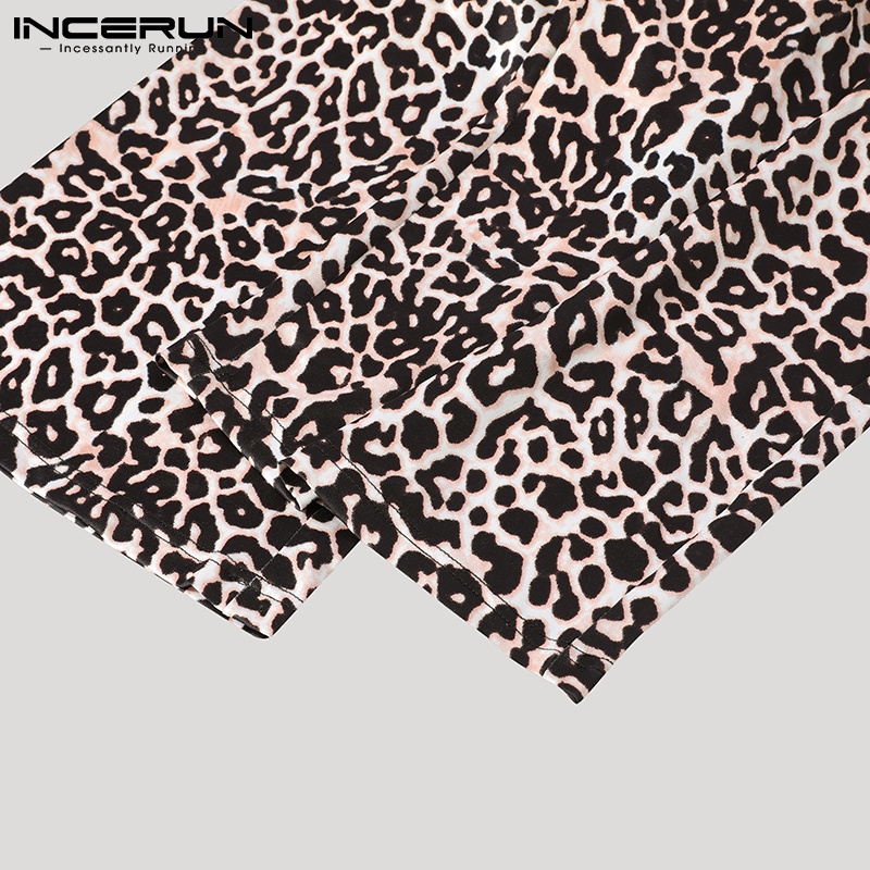 Áo liền quần INCERUN tay dài cổ chữ V họa tiết da beo thời trang dành cho bạn nam