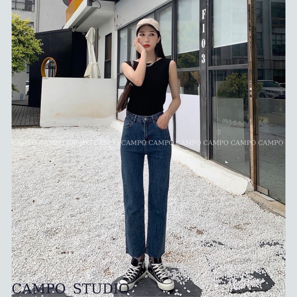 Quần bò ống đứng cắt gấu xanh đậm CAMPO quần jeans co giãn nâng mông hàn quốc