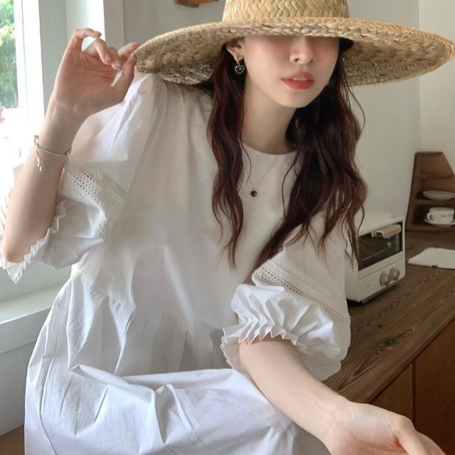 Đầm Tay Phồng Phối Ren Phong Cách Hàn Quốc Thời Trang Mùa Hè Xinh Xắn Cho Nữ