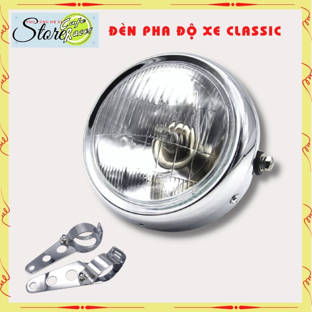 Đèn pha xe máy Cafe Racer kèm pat bắt vào phuộc , mặt kính , gáo mạ inox cao cấp