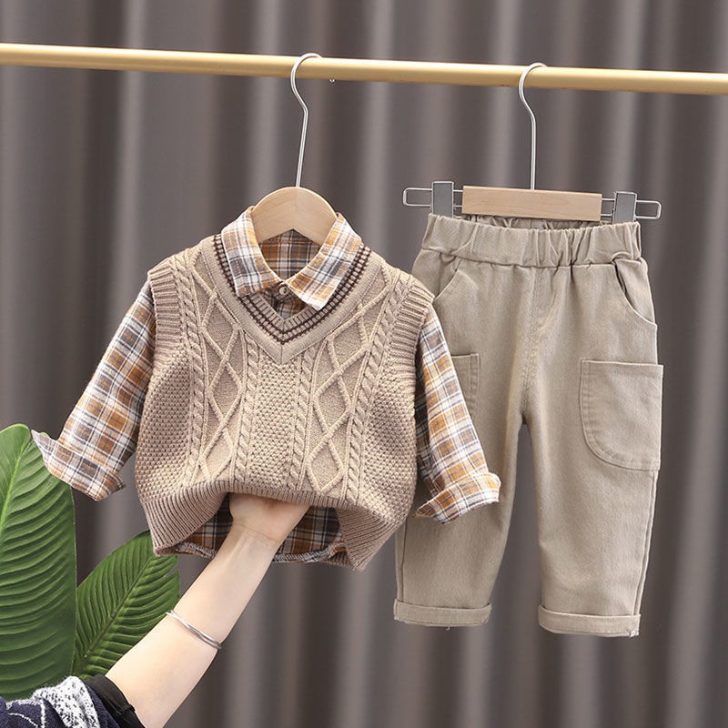 ❈✚Quần áo trẻ em bé trai bộ đồ thu đông 2021 nam mới len kiểu dáng nước ngoài vest ba mảnh giải trí Hàn Quốc
