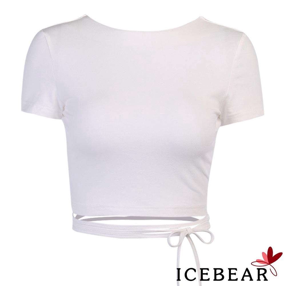 Áo Thun Tay Ngắn Cổ Tròn Thiết Kế Dây Đan Chéo Lưng Quyến Rũ