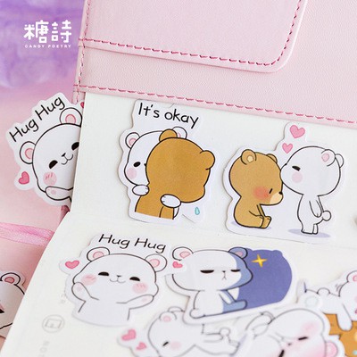 15 Sticker gấu ôm ôm, thỏ con, cô gái nhỏ đáng yêu loại lớn 4x4 cm