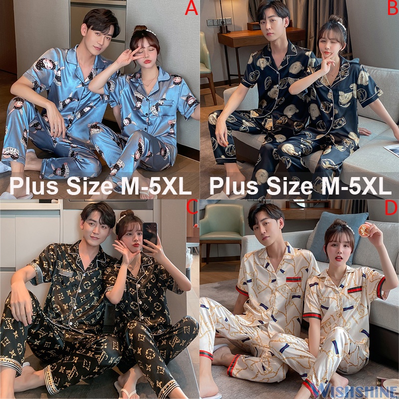 Plus Bộ Đồ Ngủ Tay Ngắn Vải Lụa Satin Thời Trang Cho Nam Và Nữ Size M-5Xl