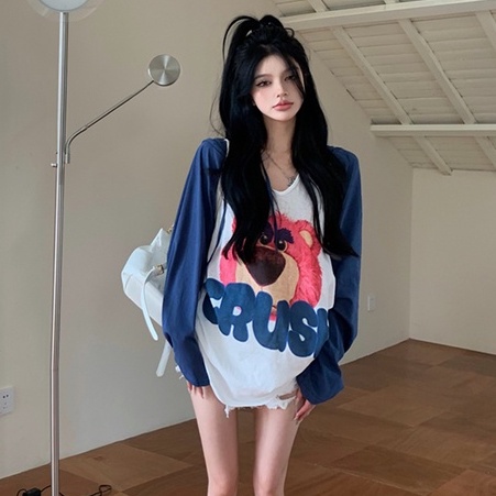 Áo Hoodie Tay Dài Chống Nắng Mỏng Dáng Rộng In Họa Tiết Hoạt Hình Phối Màu Cá Tính Thời Trang Hàn Quốc Cho Nữ