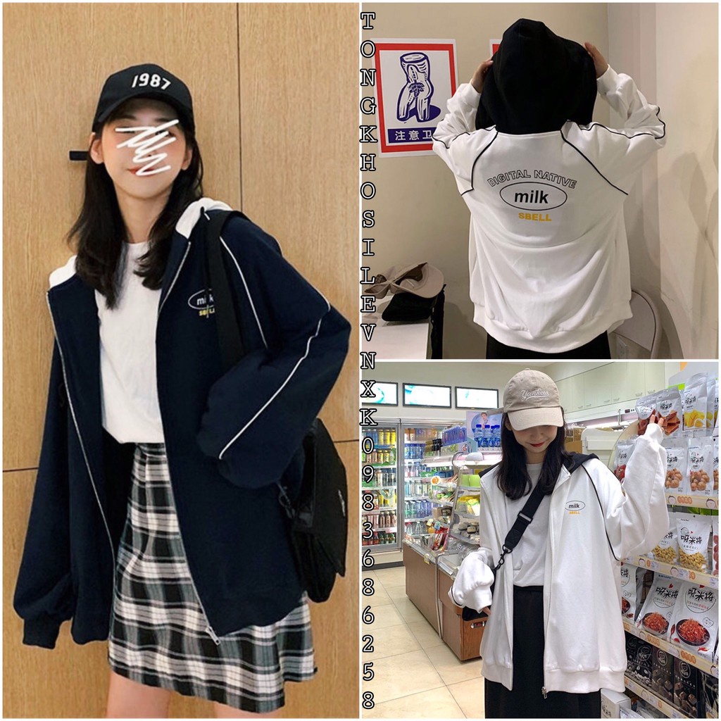 ÁO KHOÁC MILK SBELL miss sumey - ÁO HOODIE - ÁO KHOÁC NỈ NGOẠI MILK ĐEN TRẮNG ULZZANG