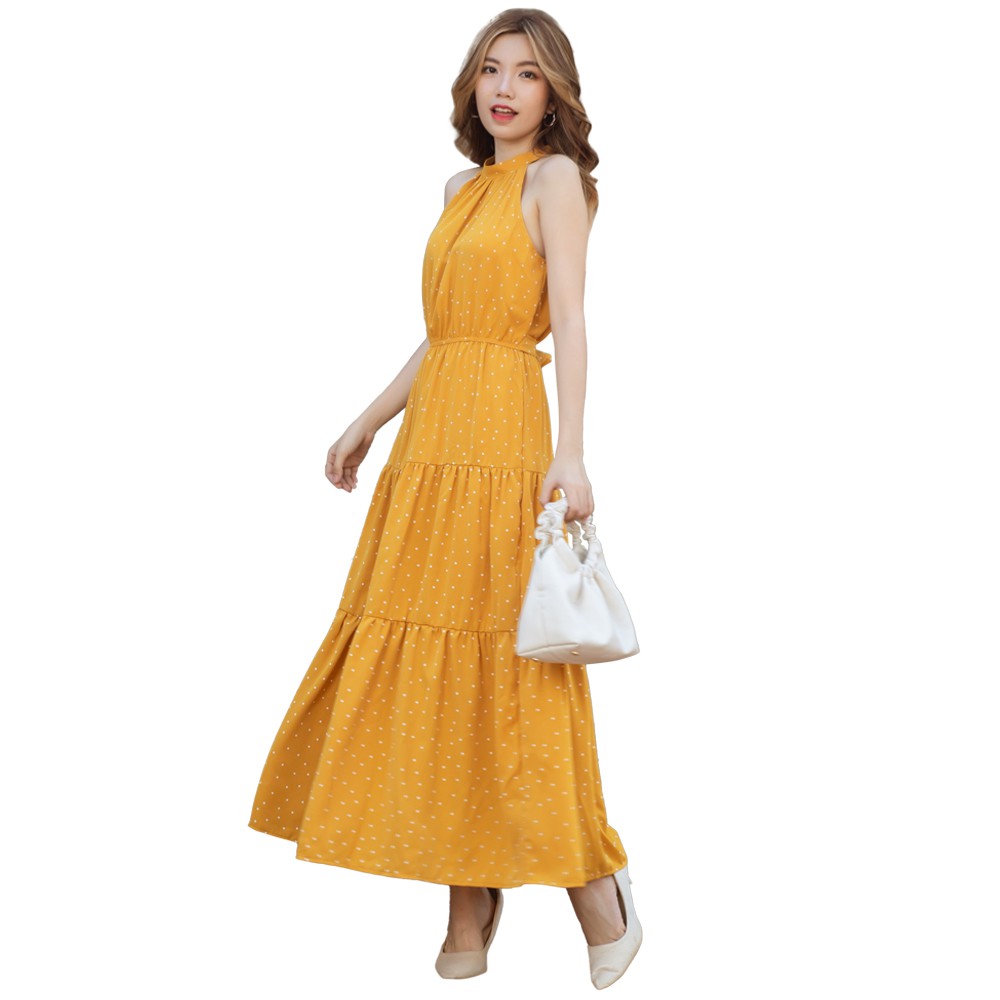Đầm Maxi Nữ Vải Lụa Chấm Bi Cổ Yếm 46-53kg - MEEJENA - 3833