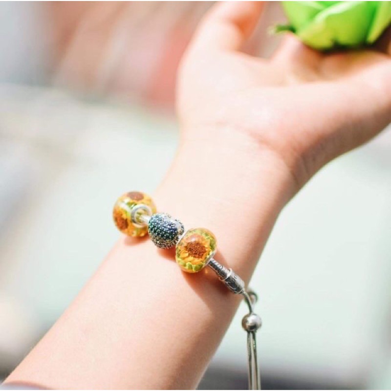 Vòng tay pan trơn mạ bạc S925 dùng xỏ hạt charm resin handmade