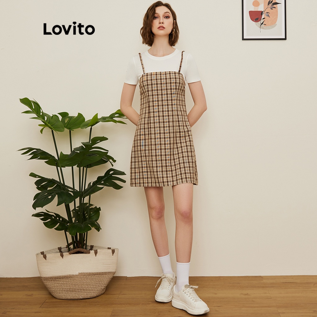Đầm Lovito 2 trong 1 khâu vải gingham phong cách Preppy L19D013 (màu be)
