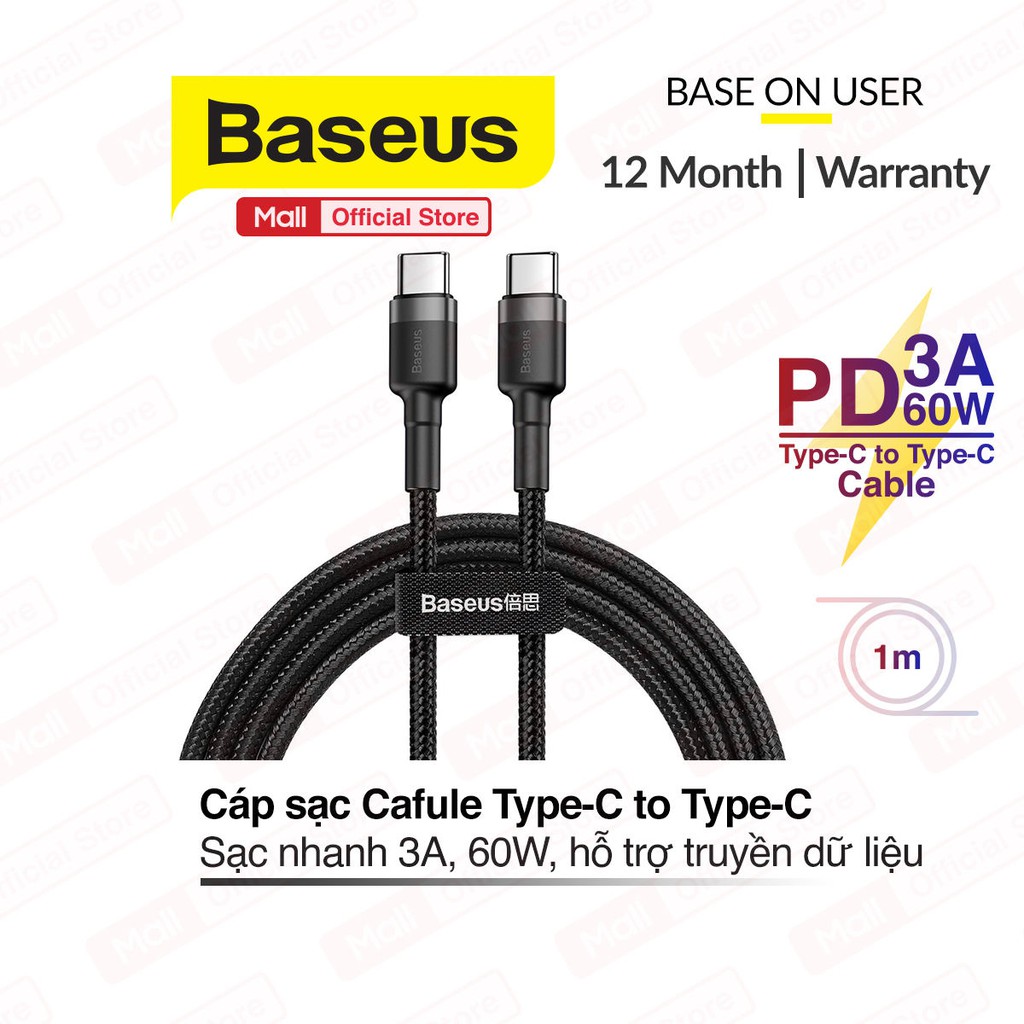 Cáp sạc Baseus Cafule Series 60W Type-C PD2.0 Cable Type-C to Type-C, sạc nhanh 3.0, truyền dữ liệu tốc độ cao 480Mbps