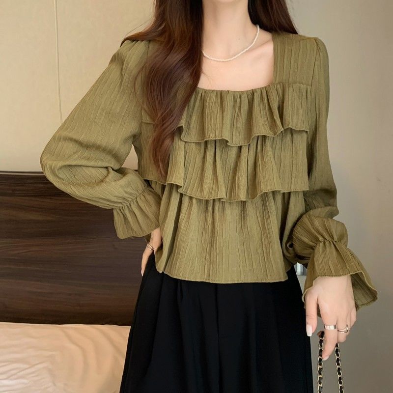 Áo Sơ Mi Cổ Vuông Ba Lớp Mỏng Phong Cách Thời Trang Mùa Thu Hàng Mới