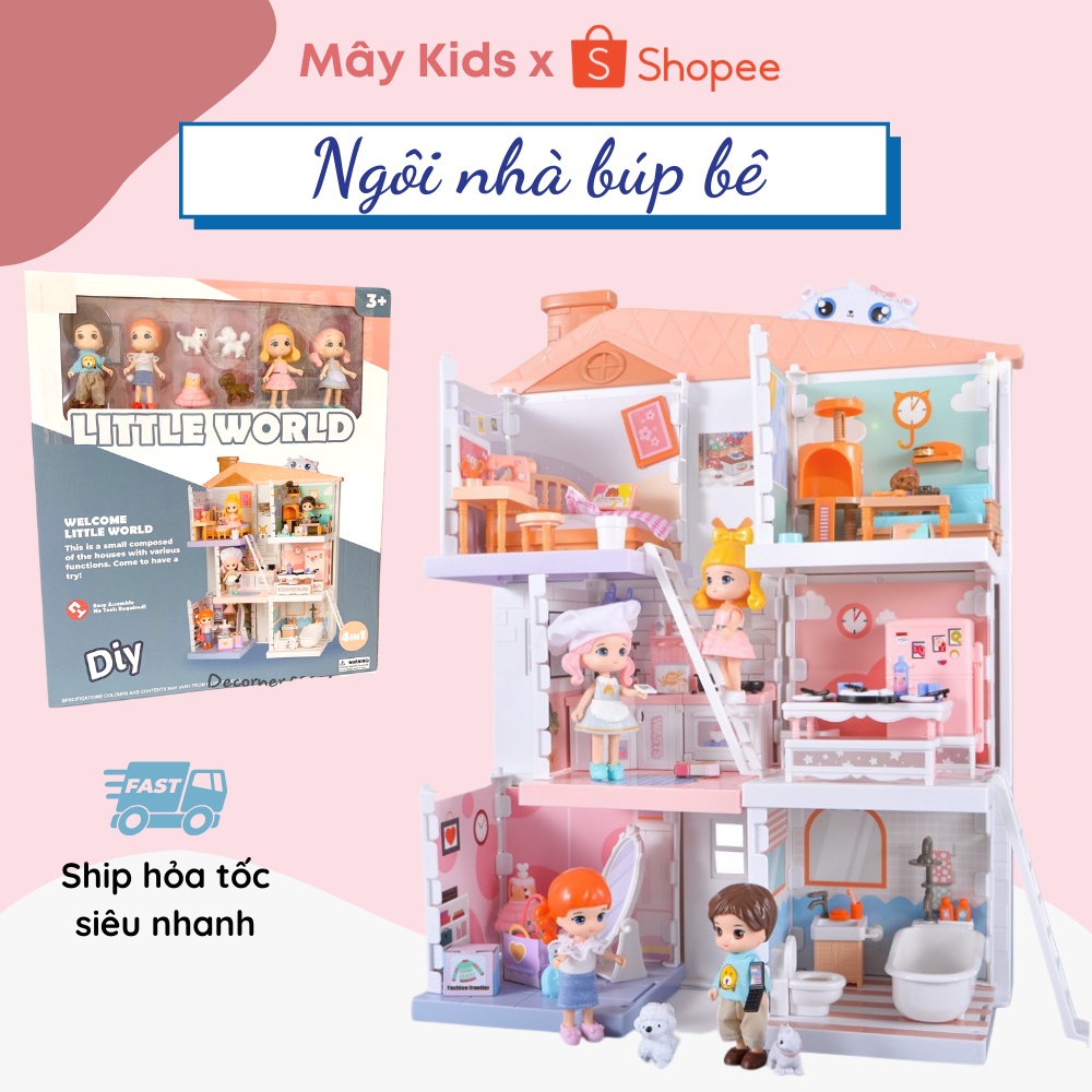 Bộ Đồ Chơi Ngôi Nhà Búp Bê Thông Minh Cho Bé Gái 3 Tầng Little World - Mây Kids