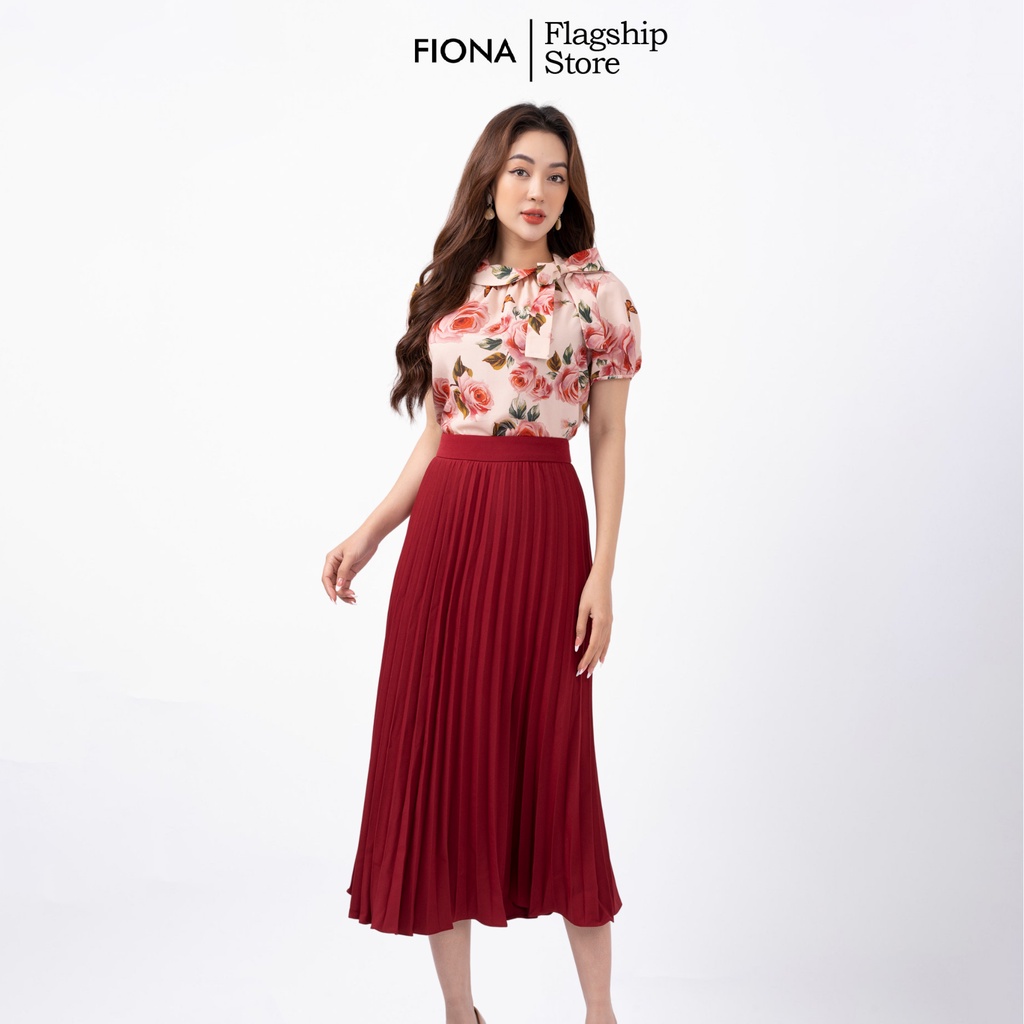 Áo sơ mi nữ FIONA dáng suông sơ mi công sở tay bồng cổ bẻ nhún ngực xẻ trước đính nơ trang trí F552158