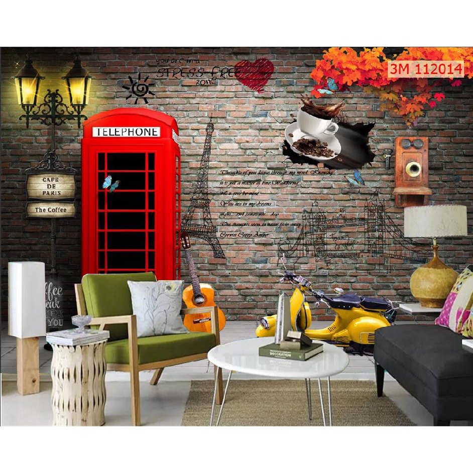 Tranh dán tường 3D trang trí nhà hàng cafe trà sữa trà chanh đẹp bền sang giá rẻ chất liệu keo sẵn hoặc vải lụa akt1