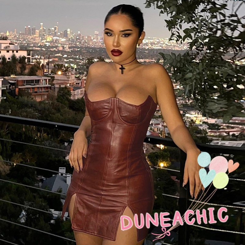 DUNEA Đầm da pu không tay hở vai gợi cảm dành cho nữ