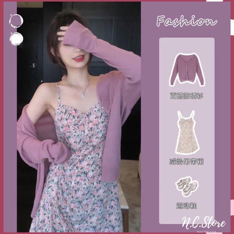 Set Váy Hoa Nhí Tím Hồng + Áo Khoác Tăm Mịn