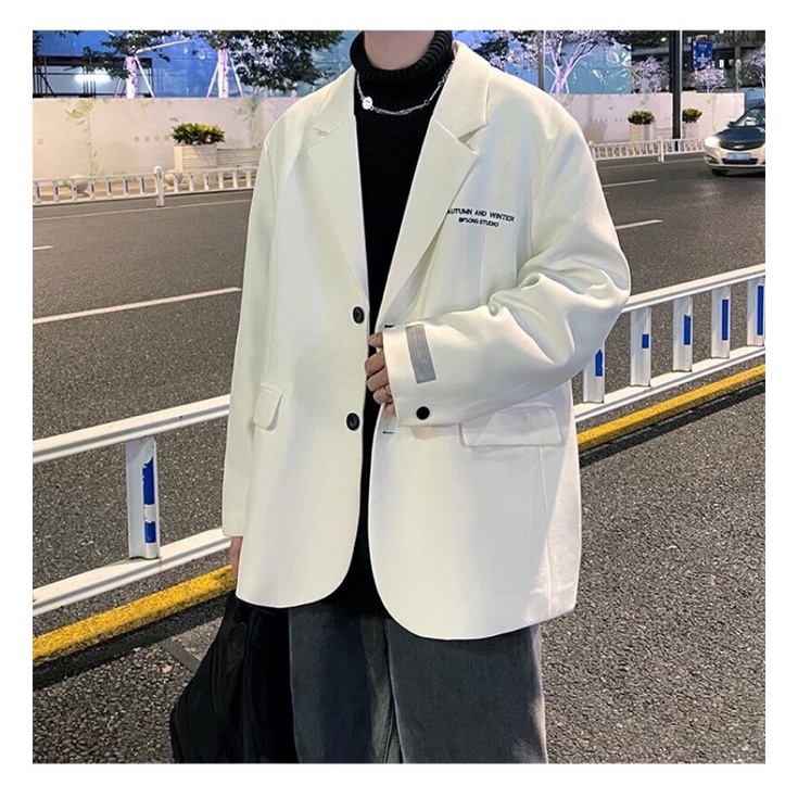 Áo Khoác Blazer Nam Nữ From Rộng Tay Dài,Phong Cách Hàn QuốcThời Trang Unisex Basic Cổ Vest Màu Đen Trắng
