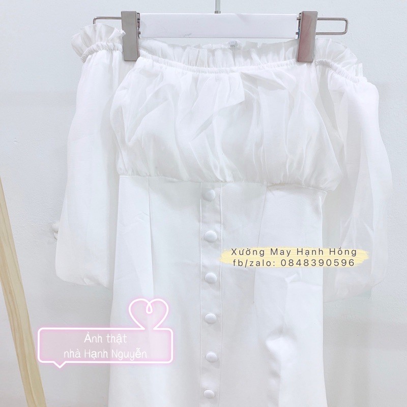 Váy trắng dự tiệc trễ vai hàng cúc, Váy rúm ngực trễ vai - Xưởng May Hạnh Hồng | BigBuy360 - bigbuy360.vn