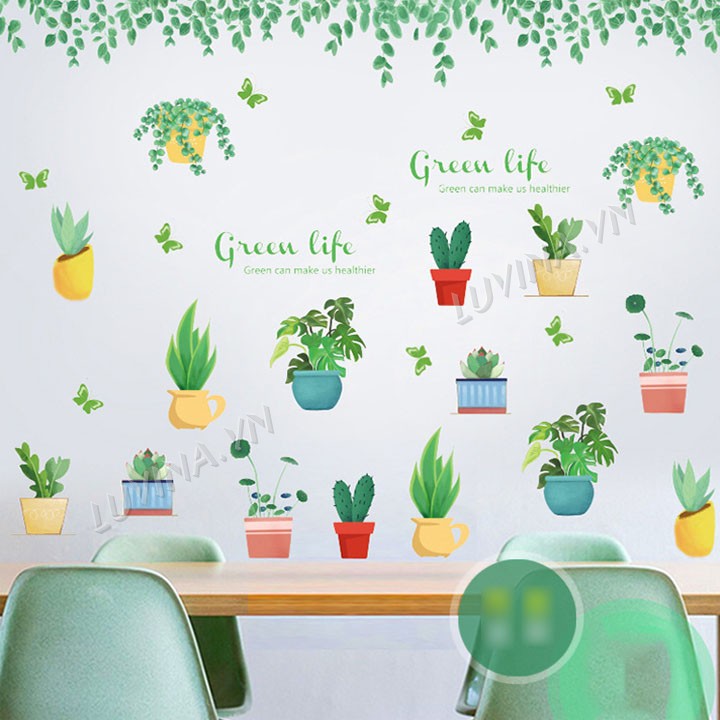 Decal dán tường trang trí quán cafe, văn phòng,phòng khách - Chậu cây và tán lá green