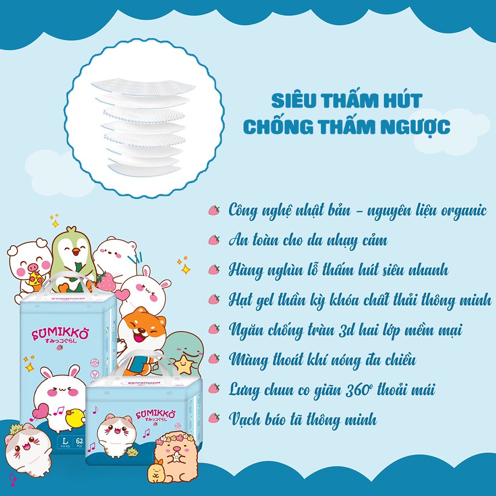 Bỉm quần tã dán SUMIKKO Bỉm mùa hè chống hăm, vách ngăn chống tràn 3D hai lớp NB36/S72/M66/L62/XL54/XXL50 Shop Bé TiTi