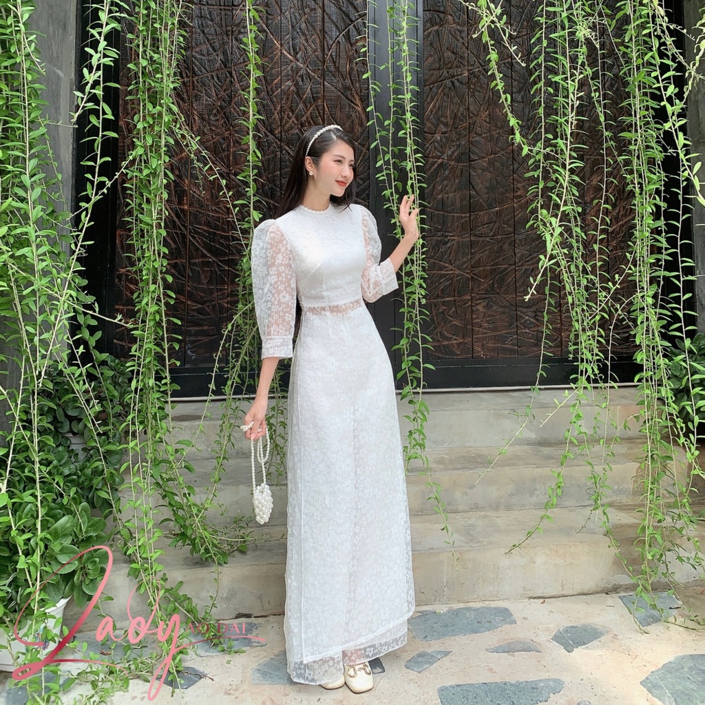 Áo dài trắng cổ tròn, vải Organza hoa nhí cao cấp phối ren trẻ trung, quần ống rộng 2 lớp LD002 -𝗟𝗔𝗗𝗬 𝗔́𝗼 𝗗𝗮̀𝗶