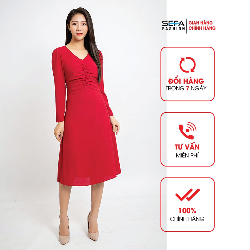 Đầm lụa cổ tim SEFA dài tay nhún ngực SFT2024