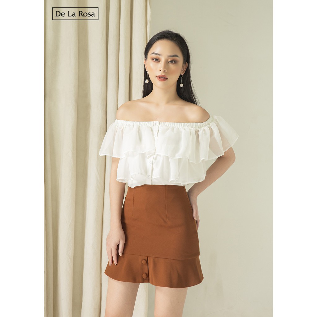 Chân váy nâu thiết kế chữ A công sở nhún bèo nút bọc - De La Rosa | BigBuy360 - bigbuy360.vn