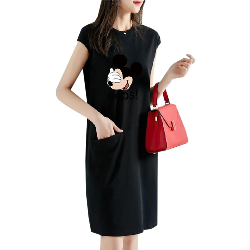Đầm Midi Sát Nách Hoạ Tiết Chuột Mickey Đáng Yêu