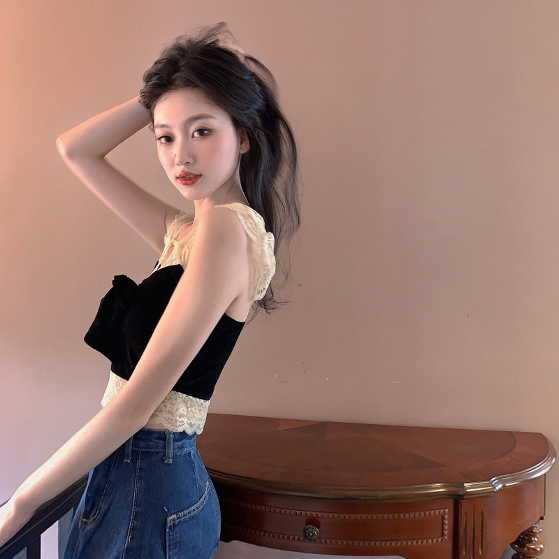 Áo Hai Dây Đính Nơ Phối Ren Quyến Rũ Thời Trang Mùa Hè Cho Nữ