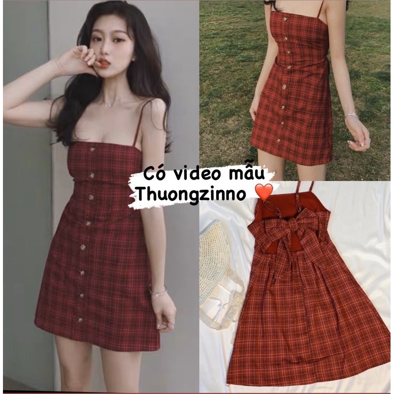 Váy 2 dây kẻ nơ lưng phong cách ulzzang - Đầm dáng xoè 2 dây kẻ đỏ caro