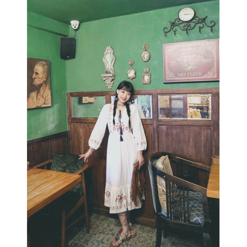 Váy boho thêu hoa dáng maxi dài