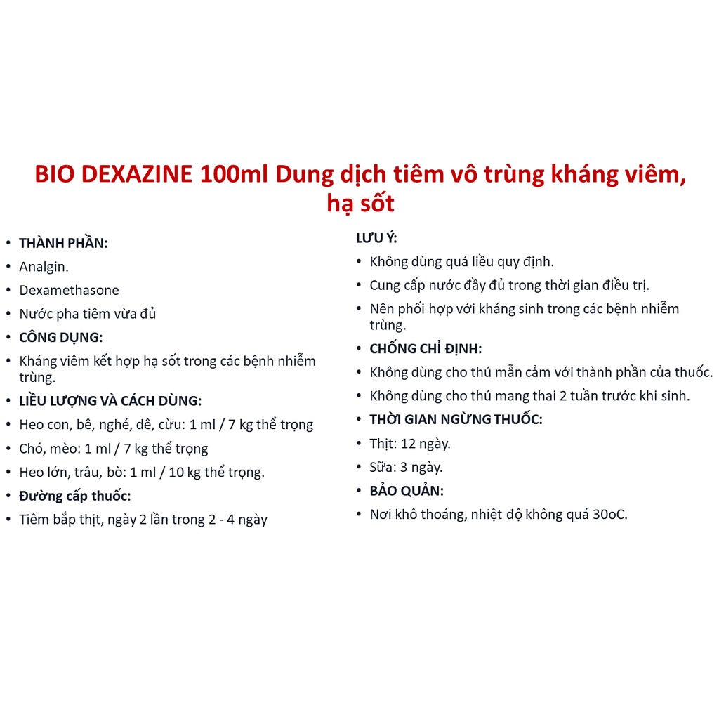 BIO DEXAZINE 100ml dùng cho heo trâu bò chó mèo