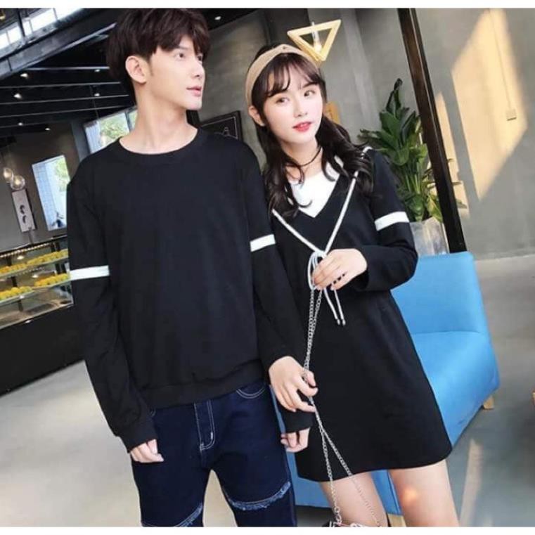 Đồ đôi nam nữ váy thun nữ tay dài phối trắng và áo thun nam