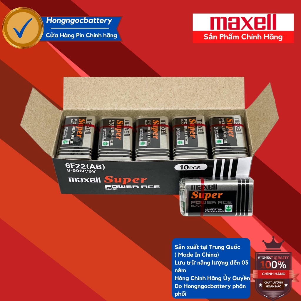 Hộp Pin 9V , Pin vuông ( Mã 6F22 ) Maxell Siêu bền - Hàng chính hãng