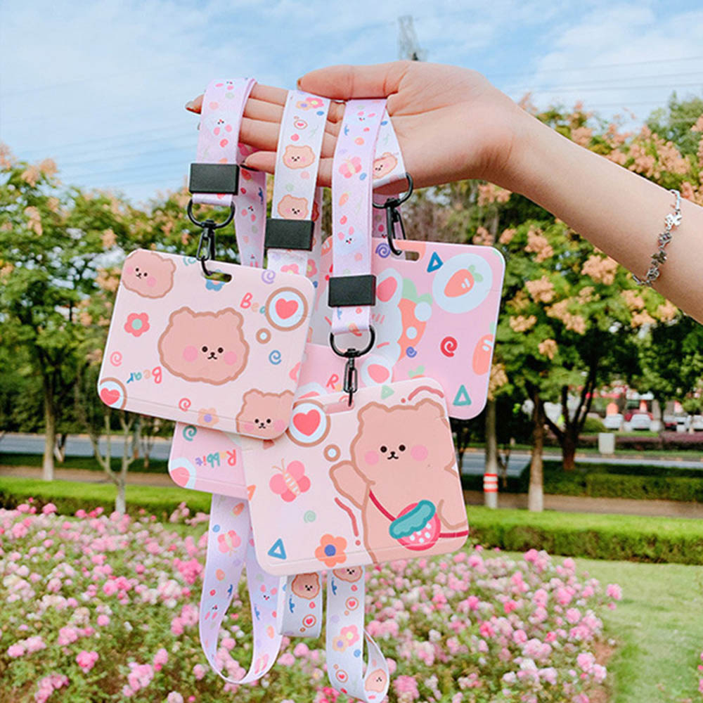 SWEETJOHN Korea Card Holder Rabbit Bear Name Card Cover with Long Lanyard ID Pass Holder Cute Fashion Design Women Girls Student Badge Case