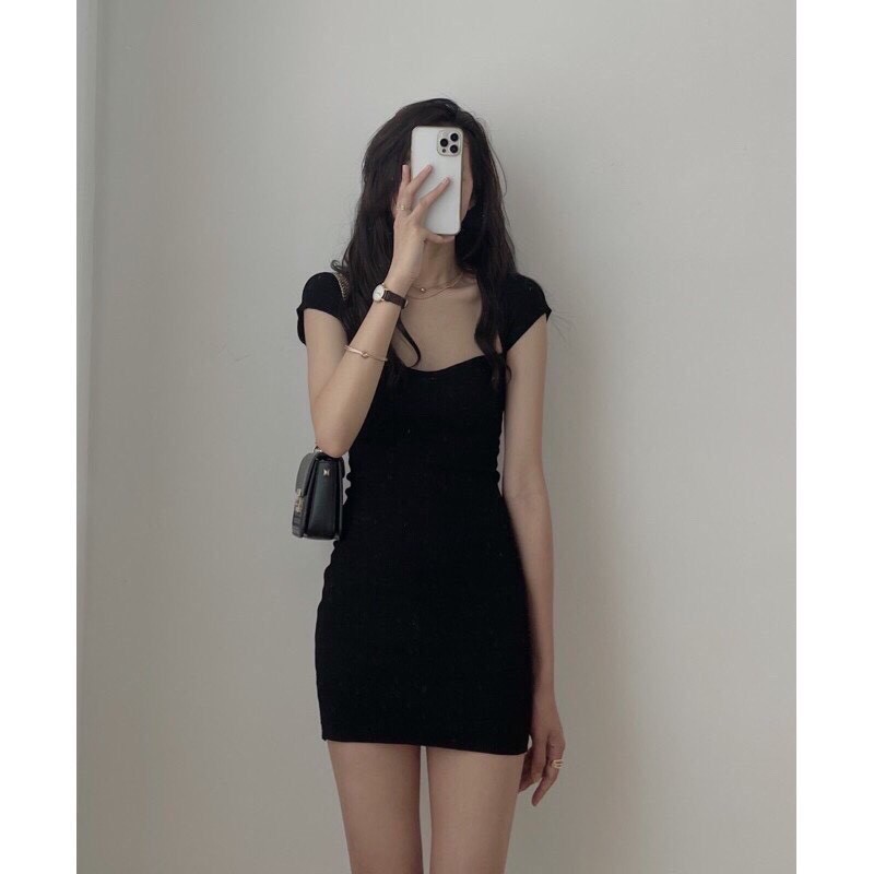 Váy Body Thun Tăm Cổ Én KAVA Nữ [FREESHIP] 🌸 Đầm dáng ôm thiết kế cúp ngực tay ngắn bánh bèo tiểu thư, TÔN DÁNG